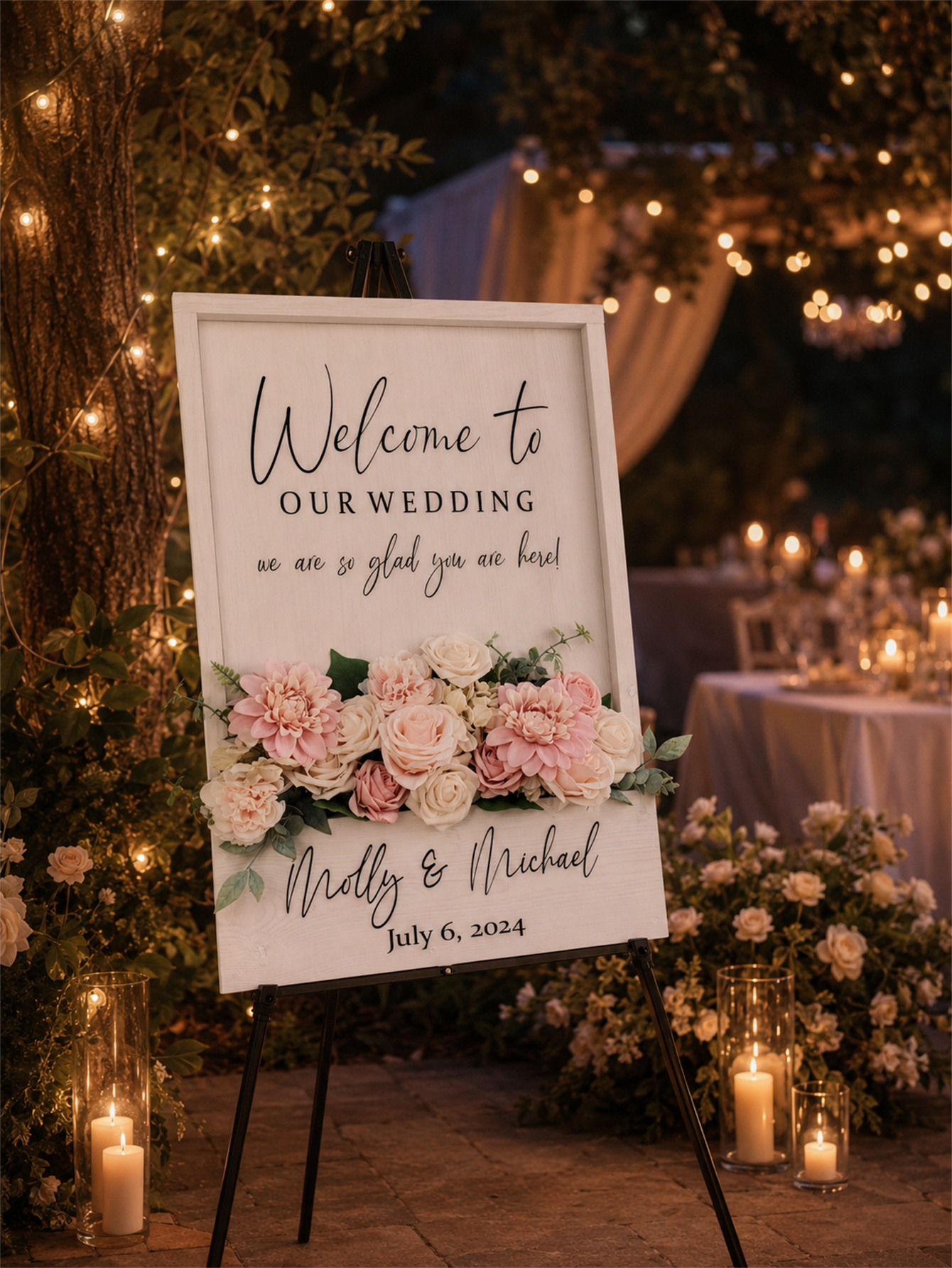 Wooden wedding welcome signs and flowers, custom flower box wedding signs, simple wedding entrance decorations, personalized name and date signs, ceremony reception